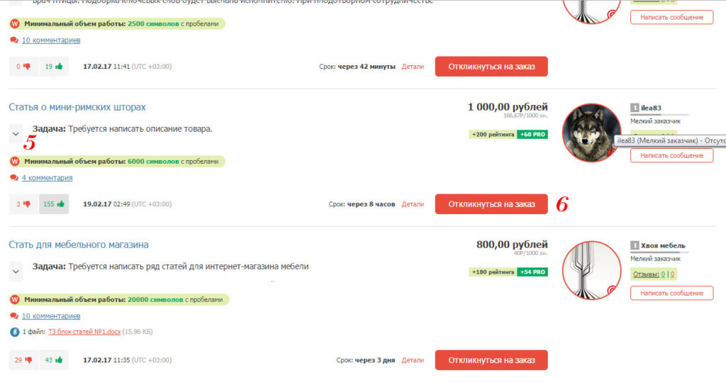 Orders on the site of copywriting